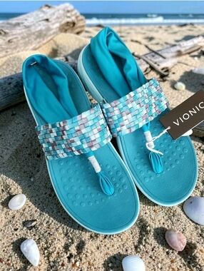 Vionic Orthaheel Orthotic Thong Sandals Teal Woven Elastic Slingback Womens Sz 9
